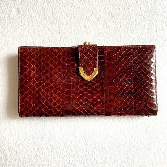 NIB Vintage Lizard Skin Burgundy Brown Long Wallet w Coin Compartment - Picture 2 of 13